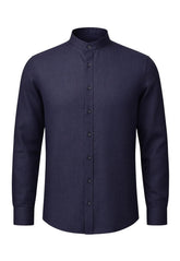 Men's 100% Linen Dark Blue Shirt - Summer Shirt with Stand-Up Collar