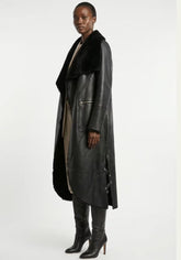 Exklusiver Shearling Wendemantel Schwarz – Abnehmbarer Curly-Fellkragen