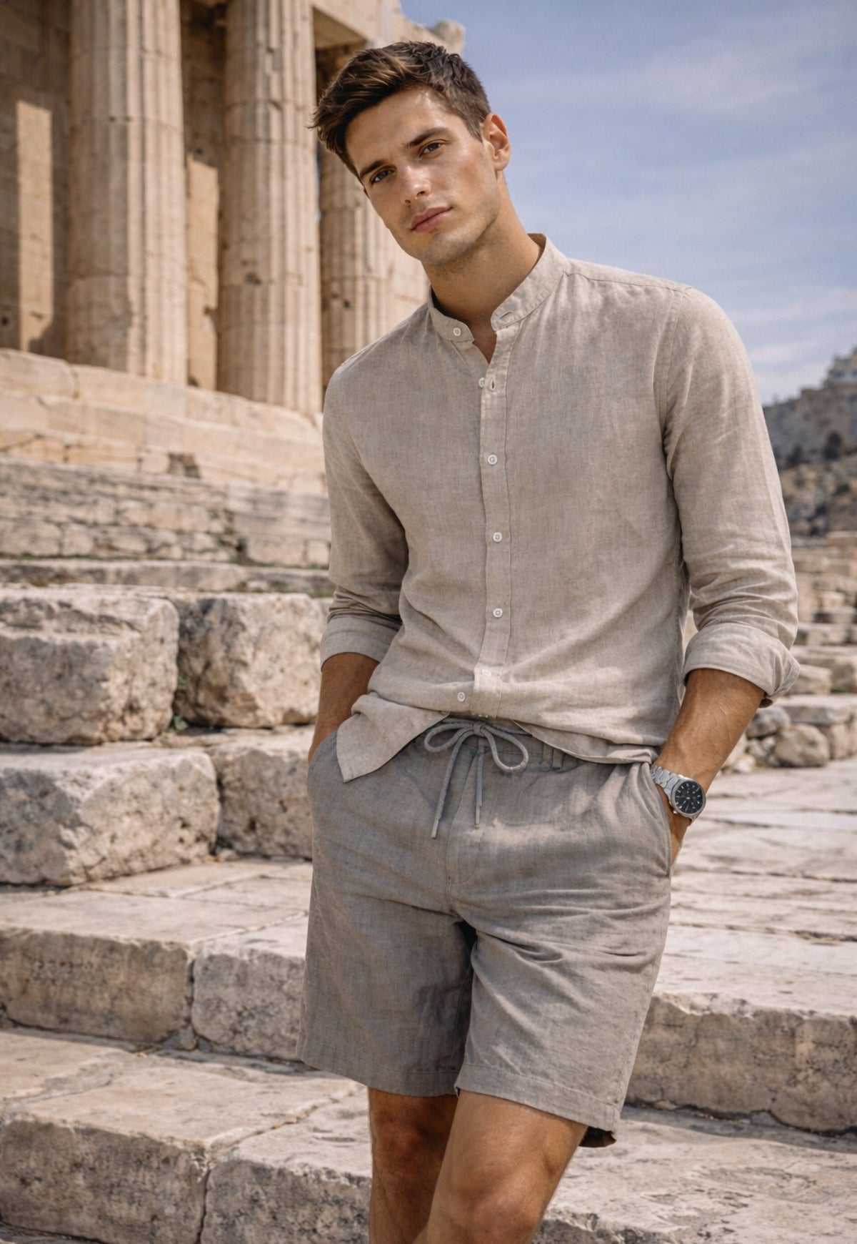 Men's Shirt made of 100% Linen in Beige - Summer Shirt with Stand-up Collar