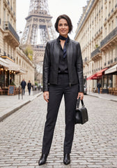 Damen Lederjacke aus Lammnappa – Sportlich mit Quersteifen Schwarz