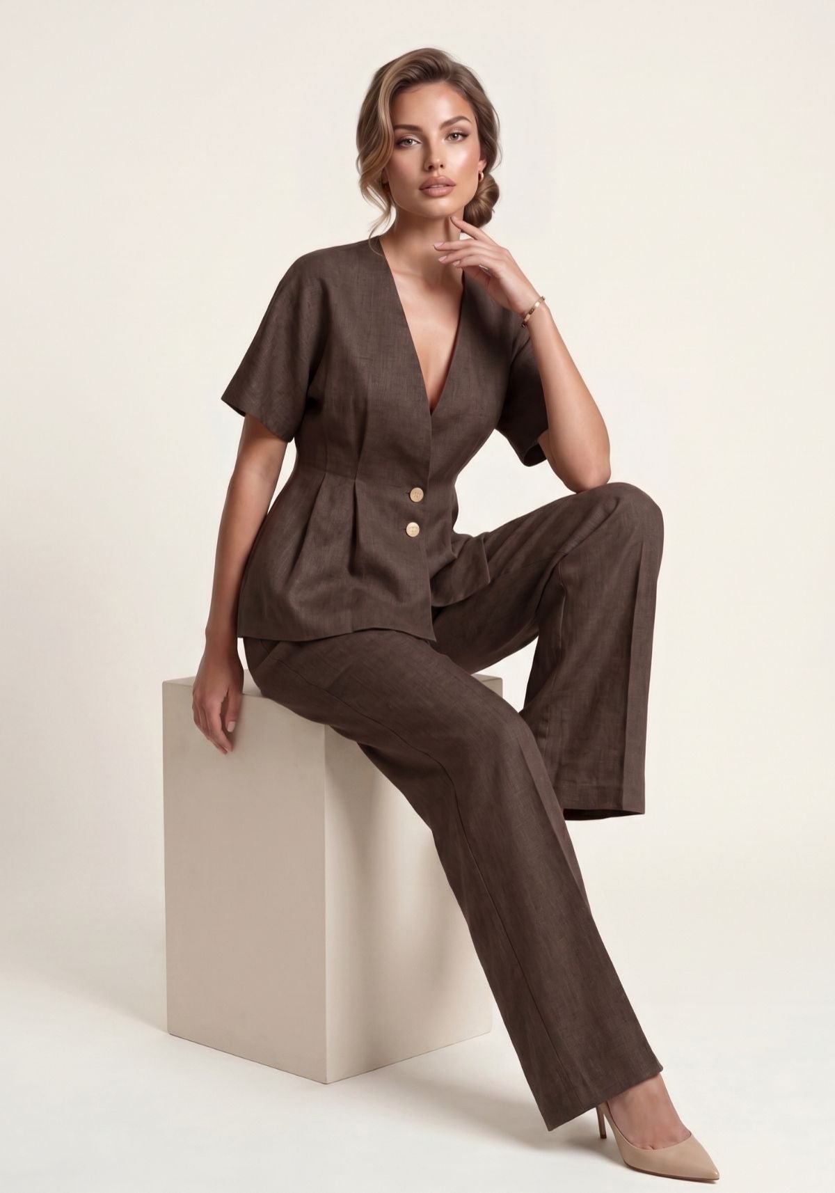Women's Shirt & Women's Pants Brown Blazer & Palazzo Pants