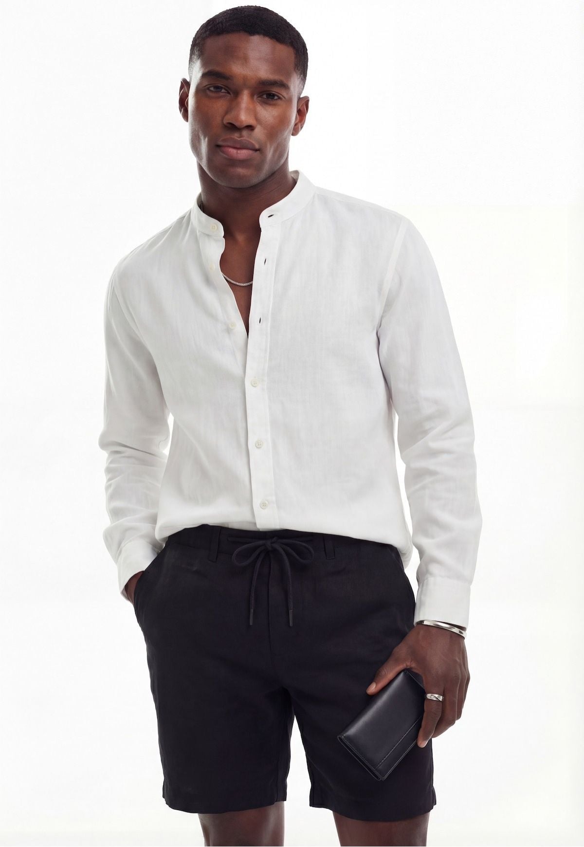 Men's 100% Linen Shirt in White - Summer Shirt with Stand-Up Collar