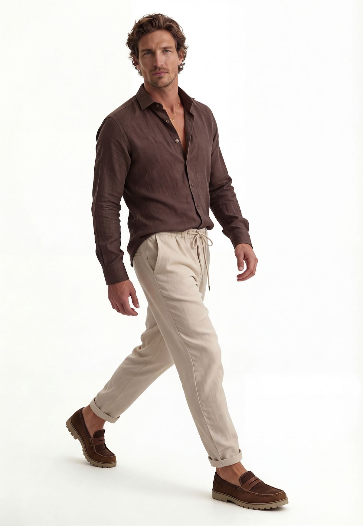 Men's Shirt made of 100% Linen in Brown - Summer Shirt with Kent Collar