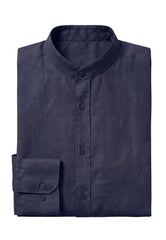 Men's 100% Linen Dark Blue Shirt - Summer Shirt with Stand-Up Collar