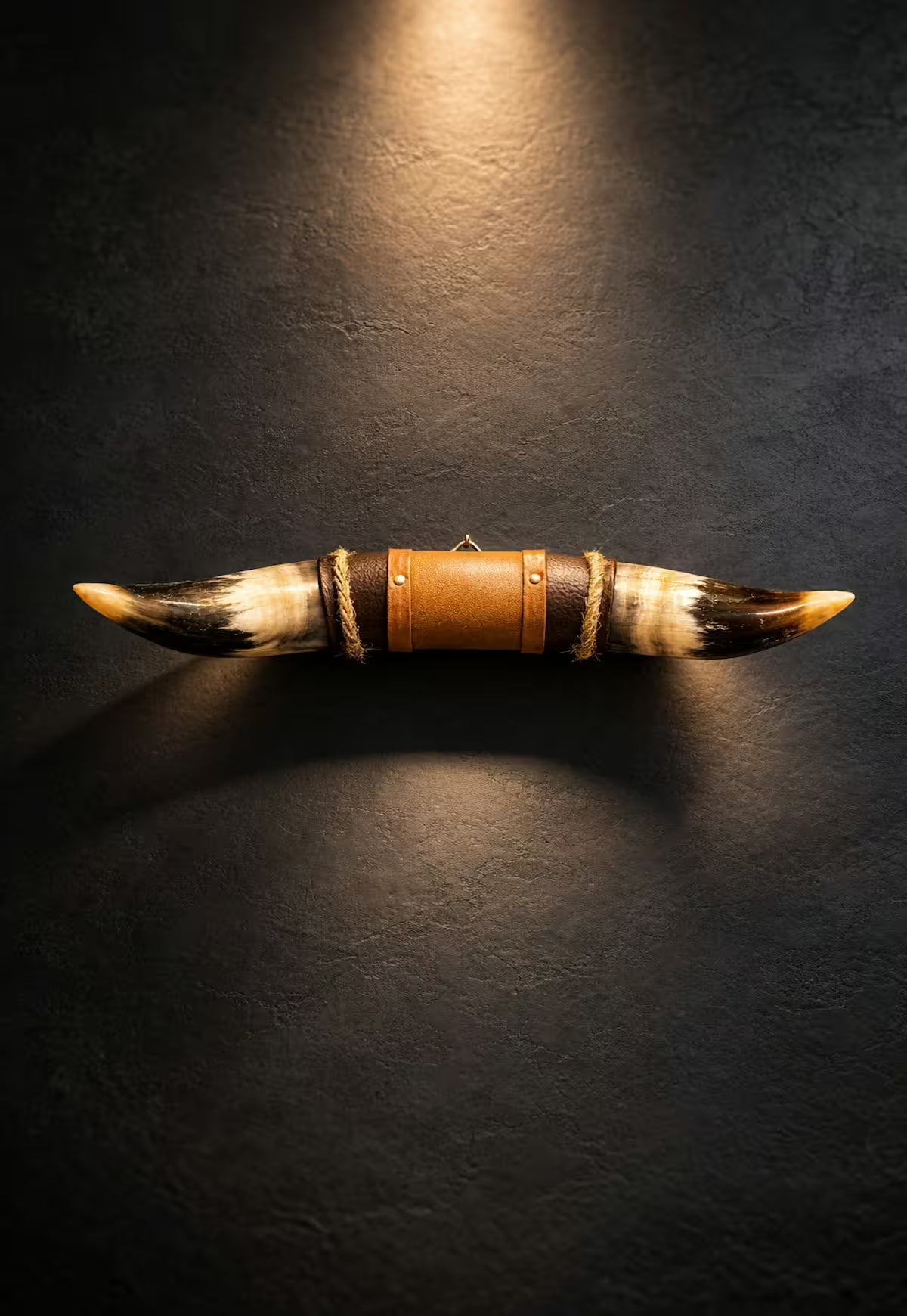 Bullhorn Wall Object Model 6 - Natural Horn Unique Piece with Leather-Wood Mount