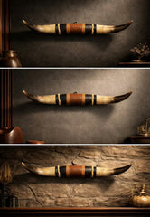 Bull Horn Wall Object Model 11 – Natural Horn Unique Piece with Leather-Wood Mount