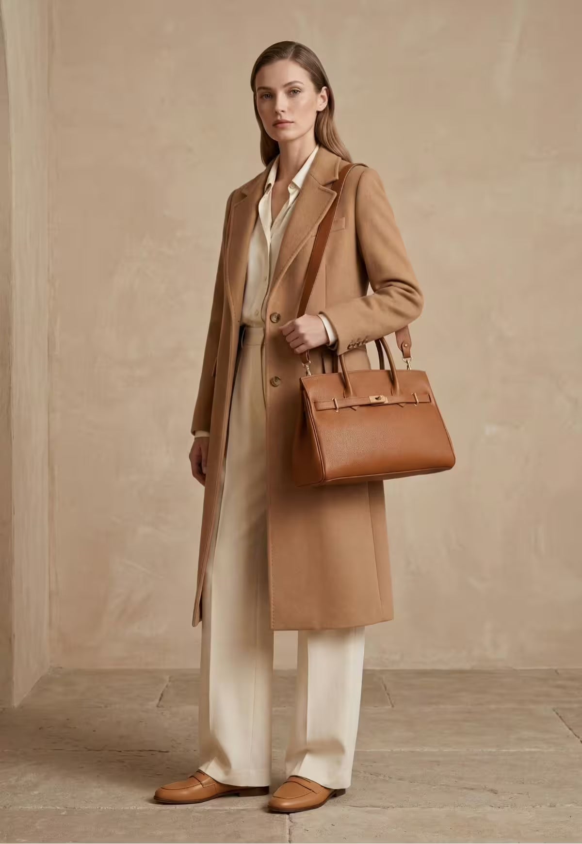 Elegant Leather Handbag for Women - Florence Camel