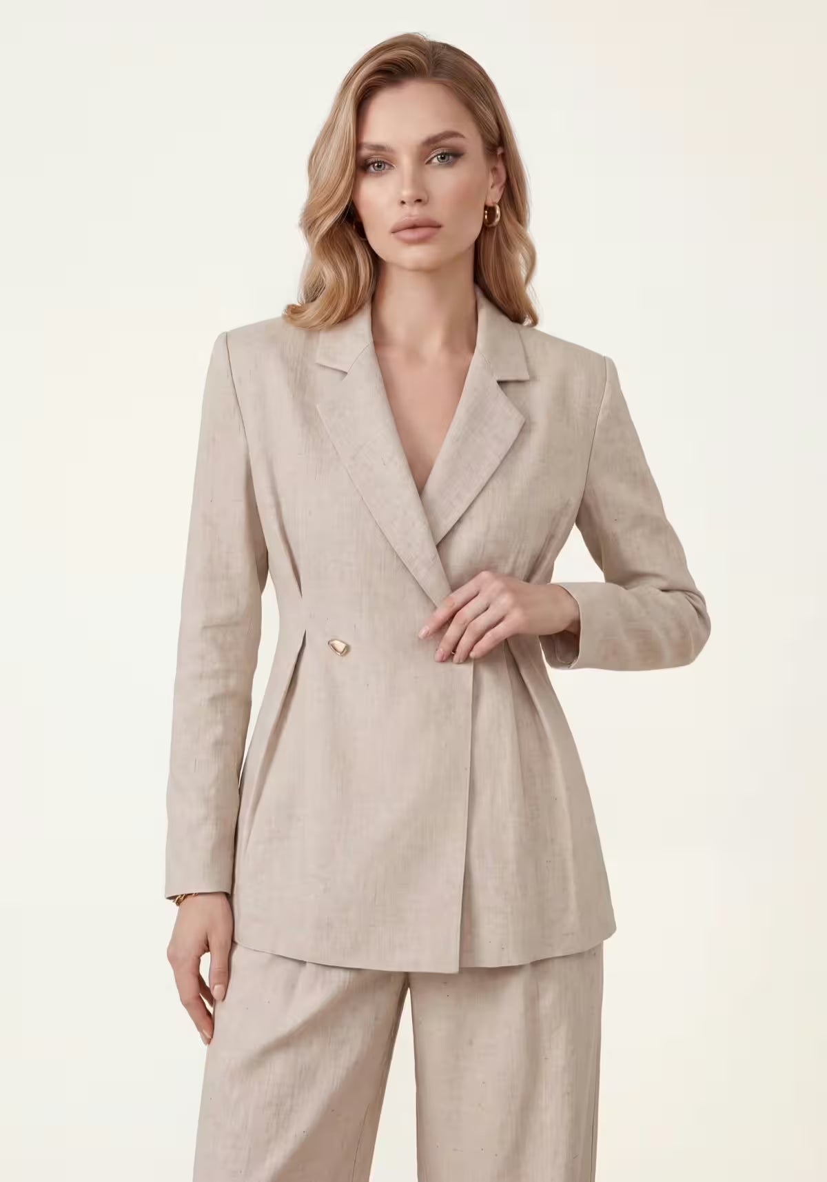 Women's Linen Shirt & Trousers Beige – Long-Sleeve Blazer & Palazzo Trousers