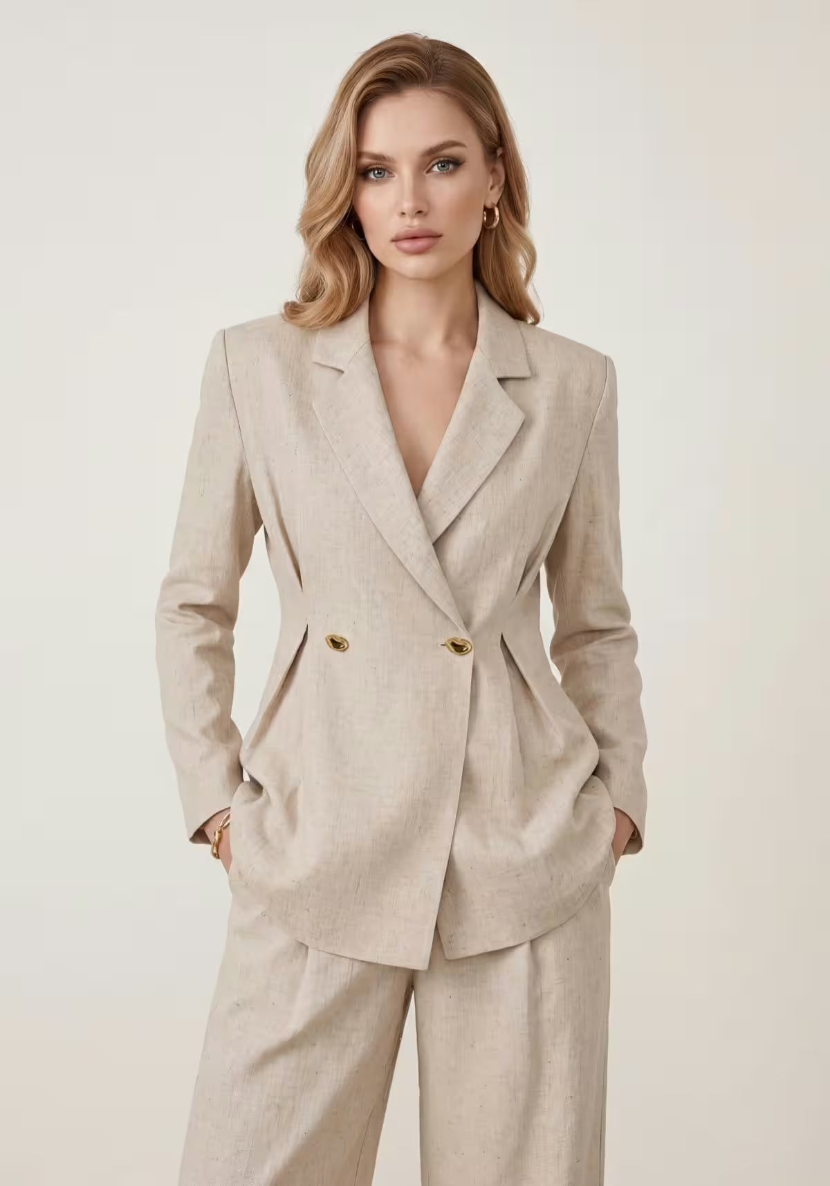 Women's Linen Shirt & Trousers Beige – Long-Sleeve Blazer & Palazzo Trousers