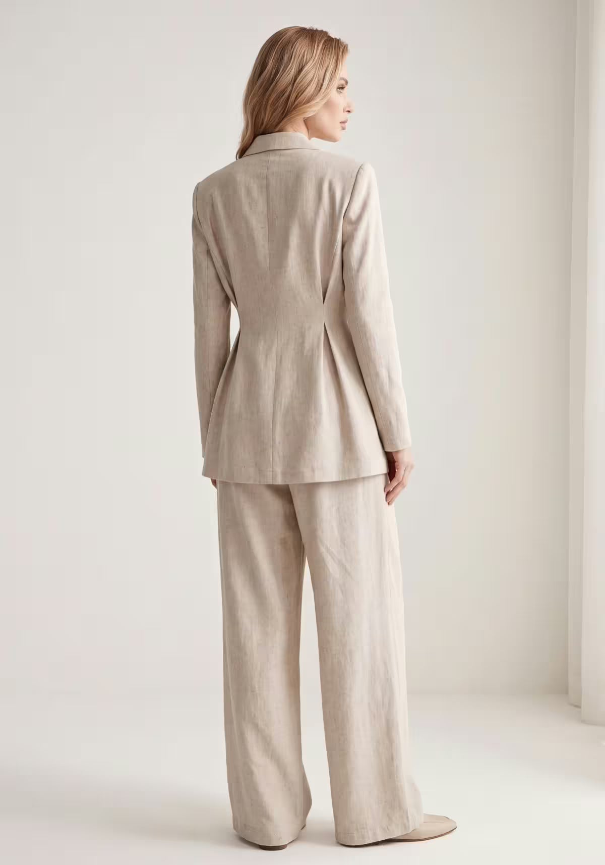 Women's Linen Shirt & Trousers Beige – Long-Sleeve Blazer & Palazzo Trousers