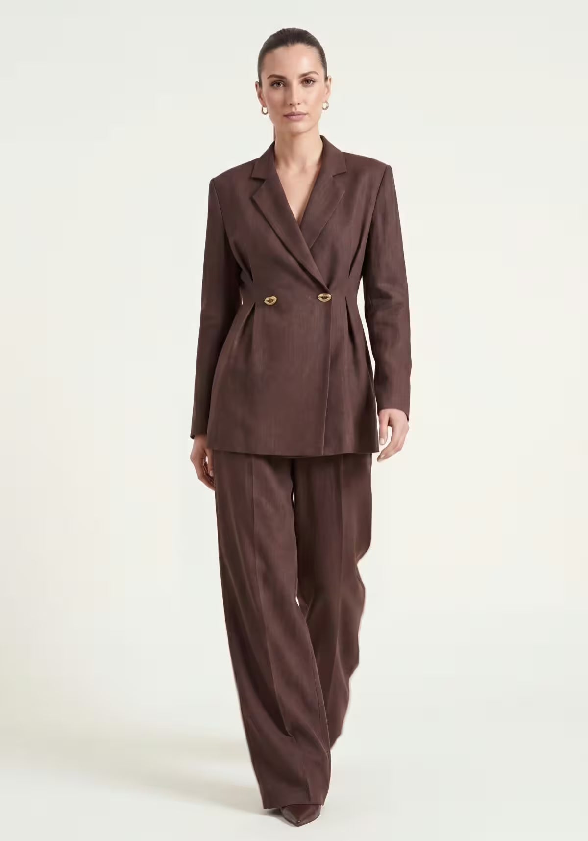 Women's Shirt & Women's Pants Brown – Long-Sleeve Blazer & Palazzo Pants
