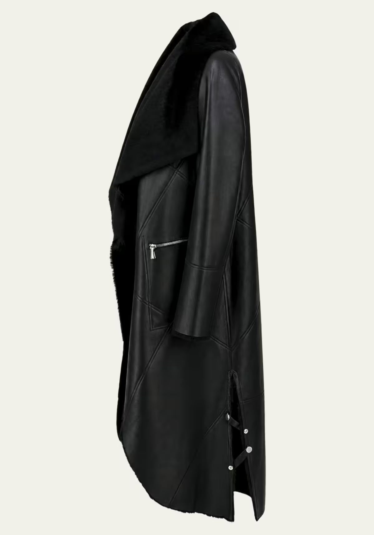 Exklusiver Shearling Wendemantel Schwarz – Abnehmbarer Curly-Fellkragen