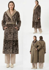 Luxurious Reversible Shearling Coat with Leopard Print – Taupe & Sand – Model 1987
