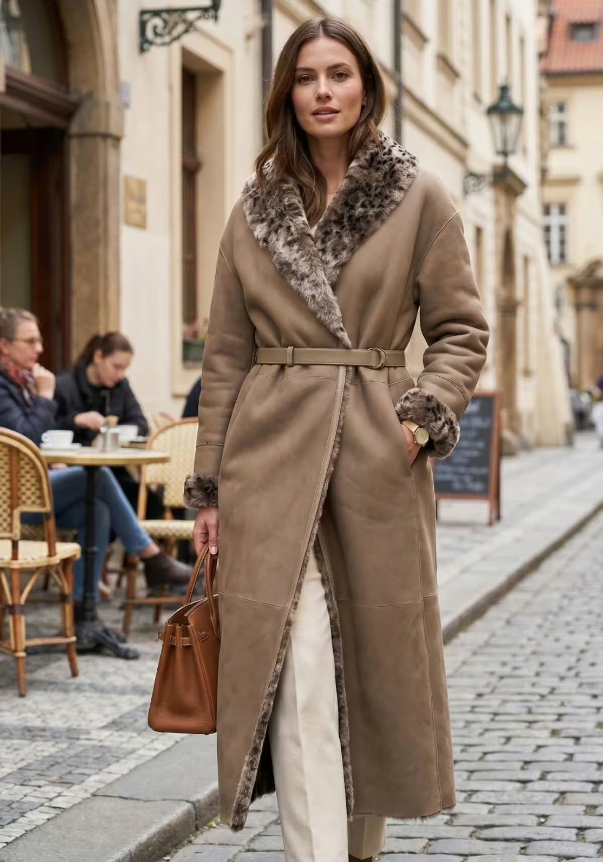 Luxurious Reversible Shearling Coat with Leopard Print – Taupe & Sand – Model 1987