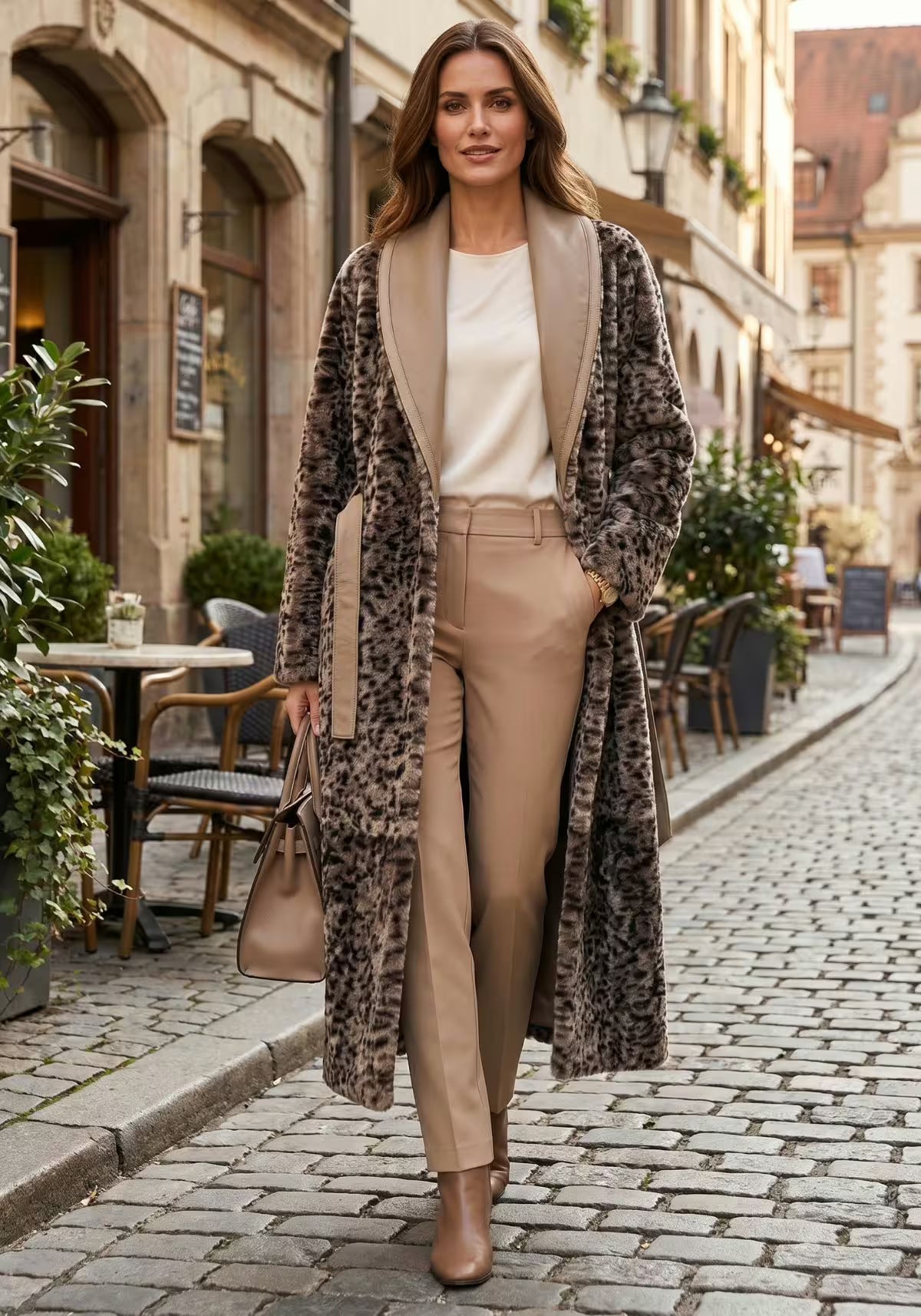 Luxurious Reversible Shearling Coat with Leopard Print – Taupe & Sand – Model 1987