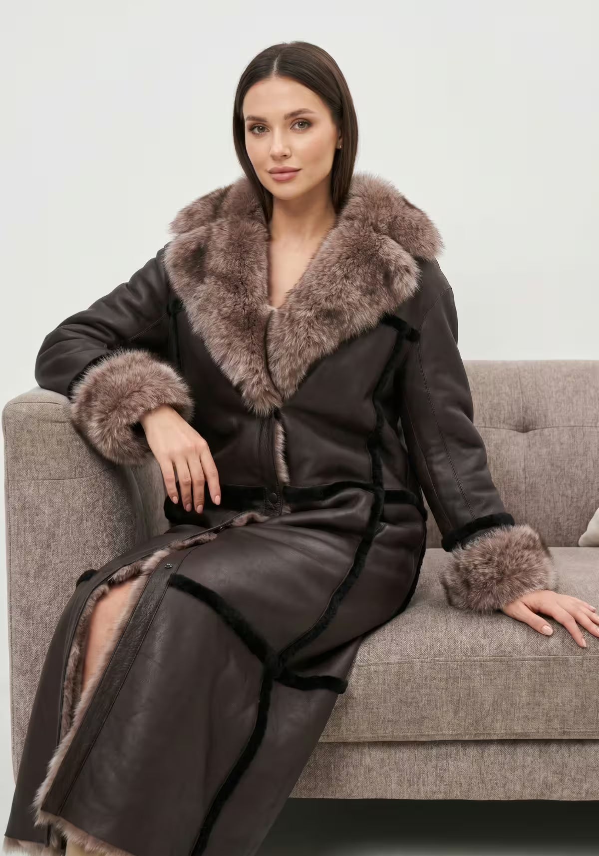 Luxurious Toscana Shearling Reversible Coat Taupe & Espresso – Model 1055