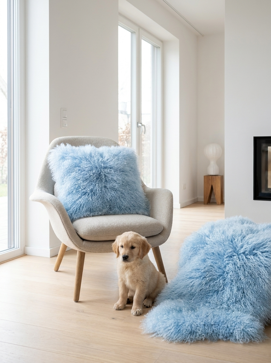 Tibetan Lambskin Pillow Sky Blue with Filling