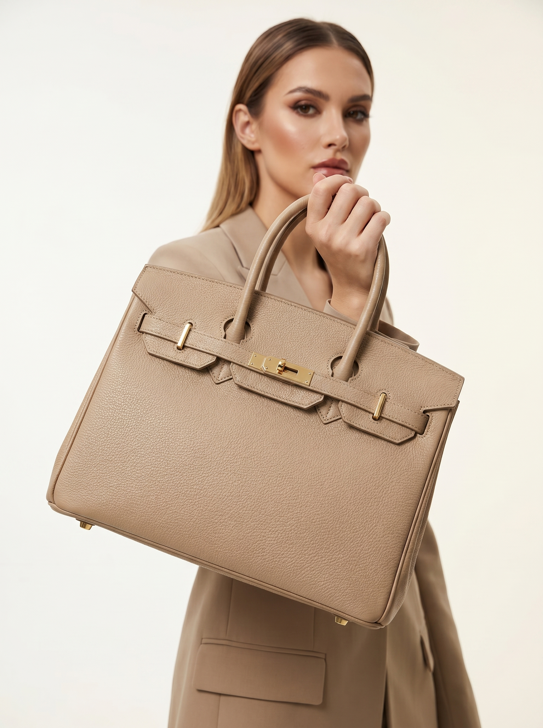 Elegant Genuine Leather Handbag Taupe – Shoulder & Top Handle Bag